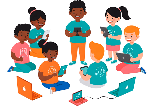 Imagen que representa a niños y jóvenes aprendiendo sobre el uso responsable de la tecnología