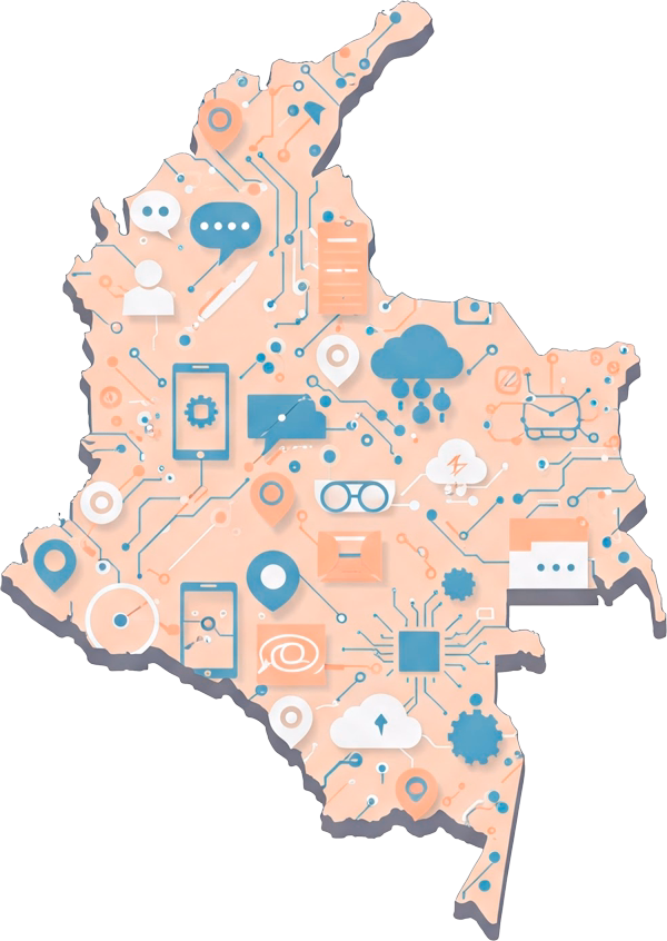 Transformación Digital en Colombia Imagen que representa la innovación tecnológica y la transformación digital en Colombia, como un mapa de Colombia con íconos de tecnología
